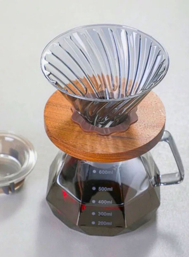 1Chase Smoky Grey Pour Over Coffee Maker 600ML Borosilicate Glass Carafe with Walnut Handle & Glass Lid - Image 5